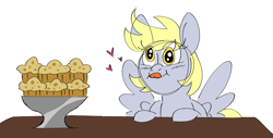 Size: 4956x2509 | Tagged: safe, artist:taaffeite, derpibooru original, character:derpy hooves, species:pegasus, species:pony, blushing, colored sketch, cute, derp, derpabetes, female, food, heart, mare, mlem, muffin, request, silly, simple background, sketch, solo, spread wings, that pony sure does love muffins, tongue out, white background, wings