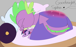 Size: 3000x1875 | Tagged: safe, artist:taaffeite, derpibooru original, character:spike, character:twilight sparkle, character:twilight sparkle (alicorn), species:alicorn, species:pony, bed, colored sketch, cute, dialogue, gray background, heart, implied twilight sparkle, magic, offscreen character, pillow, plushie, request, simple background, sketch, sleeping, speech bubble, spikabetes, twilight sparkle plushie