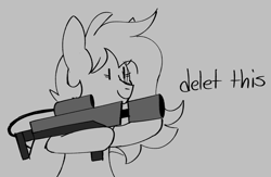 Size: 2294x1494 | Tagged: safe, artist:taaffeite, oc, oc only, oc:cyberia starlight, species:earth pony, species:pony, delet this, dialogue, female, flamethrower, gray background, mare, meme, monochrome, not a flamethrower, simple background, smiling, solo, weapon