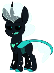 Size: 1645x2230 | Tagged: safe, artist:taaffeite, derpibooru original, oc, oc only, oc:soul the changeling, species:changeling, species:pony, species:reformed changeling, black sclera, blue changeling, blue tongue, changedling oc, changeling oc, colored hooves, fangs, female, mare, open mouth, simple background, solo, sparkles, transparent background