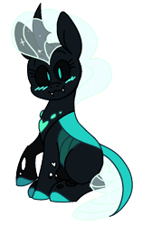 Size: 583x925 | Tagged: safe, artist:taaffeite, oc, oc only, oc:soul the changeling, species:changeling, species:pony, species:reformed changeling, :3, black sclera, blue changeling, blushing, changedling oc, changeling oc, cute, cute little fangs, cuteling, fangs, female, looking at you, mare, ocbetes, raised hoof, simple background, sitting, smiling, solo, sparkles, transparent background