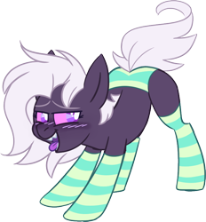 Size: 696x750 | Tagged: safe, artist:taaffeite, derpibooru original, oc, oc only, oc:cyberia starlight, species:earth pony, species:pony, aroused, blushing, clothing, colored sclera, female, looking back, mare, open mouth, panties, presenting, purple eyes, sharp teeth, simple background, smiling, socks, solo, striped socks, striped underwear, teeth, tongue out, transparent background, underwear, white pupils