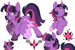 Size: 3000x2000 | Tagged: safe, artist:taaffeite, derpibooru original, character:twilight sparkle, character:twilight sparkle (alicorn), species:alicorn, species:pony, alternate cutie mark, alternate hairstyle, alternate universe, colored sketch, colored wings, colored wingtips, curved horn, fangs, female, grin, horn, jewelry, mare, red pupils, simple background, smiling, unshorn fetlocks, white background, wings