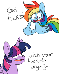 Size: 783x984 | Tagged: safe, artist:taaffeite, derpibooru original, character:rainbow dash, character:twilight sparkle, character:twilight sparkle (alicorn), species:alicorn, species:pegasus, species:pony, colored sketch, dialogue, duo, eye clipping through hair, female, hypocrisy, hypocritical humor, mare, middle feather, middle finger, rainbow douche, simple background, text, vulgar, white background, wing hands, wings