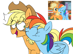 Size: 1186x874 | Tagged: safe, artist:taaffeite, derpibooru original, character:applejack, character:rainbow dash, species:earth pony, species:pegasus, species:pony, ship:appledash, episode:the mysterious mare do well, g4, my little pony: friendship is magic, applejack's hat, blushing, clothing, comparison, cowboy hat, duo, female, freckles, hat, kiss on the cheek, kissing, lesbian, mare, redraw, scene interpretation, shipping, simple background, surprised, transparent background