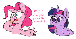 Size: 1446x751 | Tagged: safe, artist:taaffeite, derpibooru original, character:pinkie pie, character:twilight sparkle, character:twilight sparkle (alicorn), species:alicorn, species:earth pony, species:pony, bust, chips, dialogue, duo, eating, fear, female, food, hoof fingers, mare, pinkie being pinkie, portrait, simple background, suddenly hands, sweat, sweating profusely, text, white background, white pupils