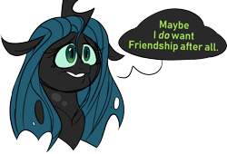 Size: 1143x775 | Tagged: safe, artist:taaffeite, derpibooru original, character:queen chrysalis, species:changeling, bust, changeling queen, colored sclera, dialogue, female, floppy ears, realization, simple background, speech bubble, text, transparent background