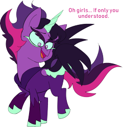 Size: 1546x1603 | Tagged: safe, artist:taaffeite, derpibooru original, character:midnight sparkle, character:twilight sparkle, character:twilight sparkle (scitwi), species:pony, my little pony:equestria girls, bodysuit, dialogue, equestria girls ponified, female, mare, midnight sparkle, offscreen character, open mouth, ponified, raised hoof, simple background, spread wings, text, transparent background, wings