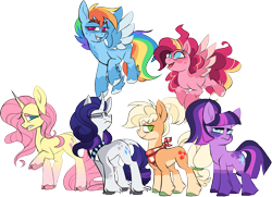 Size: 3849x2794 | Tagged: safe, artist:taaffeite, derpibooru original, character:applejack, character:fluttershy, character:pinkie pie, character:rainbow dash, character:rarity, character:twilight sparkle, species:classical unicorn, species:earth pony, species:pegasus, species:pony, species:unicorn, g5 leak, leak, alternate color palette, alternate cutie mark, alternate eye color, alternate hairstyle, alternate universe, applejack (g5), choker, cloven hooves, collar, colored pupils, colored wings, colored wingtips, curved horn, dappled, dock, eyebrows, female, fluttershy (g5), flying, frown, glare, grin, gritted teeth, group, horn, jewelry, leg fluff, leonine tail, lidded eyes, looking back, looking up, mane six, mane six (g5 leak), mare, neckerchief, necklace, open mouth, pale belly, pinkie pie (g5), ponytail, race swap, rainbow dash (g5), raised hoof, raised leg, rarity (g5), redraw, simple background, smiling, socks (coat marking), spoiler, spread wings, tail fluff, transparent background, twilight sparkle (g5), unamused, unicorn fluttershy, unshorn fetlocks, wings, worried