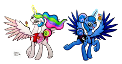 Size: 7069x3730 | Tagged: safe, artist:serenepony, character:princess celestia, character:princess luna, species:alicorn, species:pony, g4, alternate hairstyle, annoyed, drink, from behind, ice cream, looking back at you, magic, smiling, smiling at you, spread wings, sunglasses, swimsuit, traditional art, wings