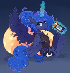 Size: 2200x2300 | Tagged: safe, artist:liquorice_sweet, character:princess luna, species:alicorn, species:pony, gamer luna, g4, console, ear piercing, glowing horn, high res, hoodie, hooves up, jewelry, levitation, looking at you, looking back, magic, nintendo switch, piercing, simple background, sitting, solo, spread wings, wings