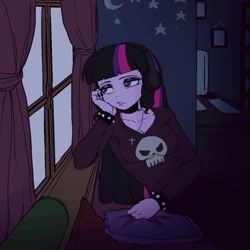 Size: 560x560 | Tagged: safe, artist:nairdags, character:twilight sparkle, species:eqg human, g4, animated, headphones, looking out the window, loop, punk, solo, window