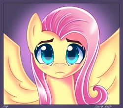 Size: 2500x2200 | Tagged: safe, artist:melanyschaffer, character:fluttershy, species:pegasus, species:pony, g4, backlighting, blushing, bust, concerned, high res, looking at you, simple background, solo, spread wings, wings