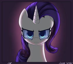 Size: 2500x2200 | Tagged: safe, artist:melanyschaffer, character:rarity, species:pony, species:unicorn, g4, angry, backlighting, bust, frown, looking at you, simple background, solo, squint
