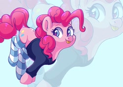 Size: 1527x1080 | Tagged: safe, artist:pucksterv, character:pinkie pie, species:earth pony, species:pony, g4, blep, hoodie, looking at you, simple background, socks, solo, tongue out