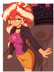 Size: 3000x4000 | Tagged: safe, artist:rockset, character:sunset shimmer, species:eqg human, g4, choker, cityscape, leather jacket, looking up, solo