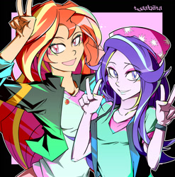 Size: 1600x1618 | Tagged: safe, artist:tyuubatu, character:starlight glimmer, character:sunset shimmer, species:human, g4, peace sign, simple background