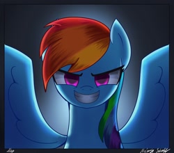 Size: 2500x2200 | Tagged: safe, artist:melanyschaffer, character:rainbow dash, species:pegasus, species:pony, g4, backlighting, bust, creepy, creepy smile, frown, smiling, sneer, solo, spread wings, squint, wings