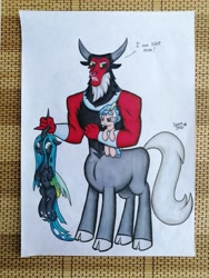 Size: 3840x5120 | Tagged: safe, artist:serenepony, character:cozy glow, character:lord tirek, character:queen chrysalis, species:centaur, species:changeling, species:pony, g4, derp, holding a pony, photo, quote, reference, tirek is not nice, traditional art