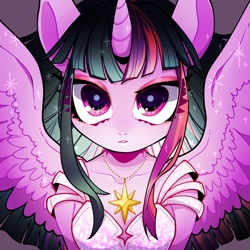 Size: 1500x1500 | Tagged: safe, artist:bibi, character:twilight sparkle, character:twilight sparkle (alicorn), species:alicorn, species:anthro, g4, collar, dress, jewelry, looking at you, necklace, pendant, shiny eyes, solo, spread wings, wings