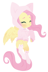 Size: 2678x4000 | Tagged: safe, artist:belka-sempai, character:fluttershy, species:pegasus, species:pony, g4, blushing, cat ears, cat hoodie, cat socks, clothing, cute, dawwww, eyes closed, female, floating, fluttercat, flying, high res, hoodie, mare, shyabetes, simple background, smiling, socks, solo, spread wings, three quarter view, transparent background, weapons-grade cute, white socks, wings