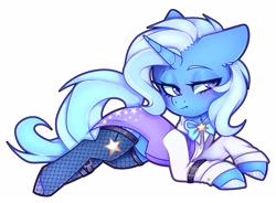 Size: 2282x1683 | Tagged: safe, artist:coquette______, character:trixie, species:pony, species:unicorn, g4, bow tie, clothing, coat, lying down, stockings