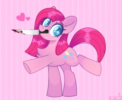 Size: 2048x1684 | Tagged: safe, artist:n in a, character:pinkamena diane pie, character:pinkie pie, species:earth pony, species:pony, g4, cute, heart, knife, mouth hold, solo