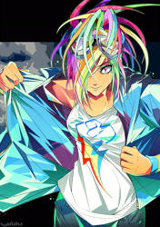 Size: 1600x2278 | Tagged: safe, artist:tyuubatu, kotobukiya, character:rainbow dash, species:eqg human, g4, kotobukiya rainbow dash, looking at you, simple background, solo