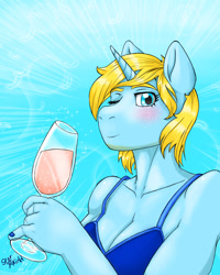 Size: 1024x1280 | Tagged: safe, artist:star kidd, oc, oc only, oc:skydreams, species:anthro, species:pony, species:unicorn, g4, abstract background, bikini, bikini top, blushing, champagne, champagne glass, clothing, feather, female, looking at you, mare, one eye closed, solo, sparkles, swimsuit, wink, winking at you
