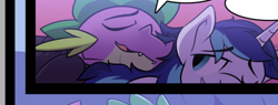 Size: 500x189 | Tagged: safe, artist:braeburned, imported from derpibooru, character:shining armor, character:spike, species:pony, comic:comic relief, comic:comic relief part 2, ship:spikemor, cropped, cuddling, explicit series, explicit source, gay, hug, limited preview, male, older, older spike, shipping, size difference, sketch, snuggling, wip