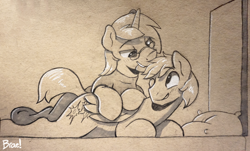 Size: 1280x772 | Tagged: safe, artist:braeburned, imported from derpibooru, oc, oc only, species:pony, ear bite, explicit source, gay, male, monochrome, nuzzling, sepia