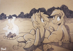 Size: 1280x884 | Tagged: safe, artist:braeburned, imported from derpibooru, character:dj pon-3, character:vinyl scratch, oc, species:pony, beach, bonfire, canon x oc, explicit source, monochrome, sepia, shipping, soda can