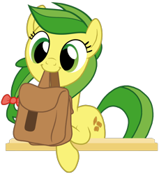 Size: 2370x2600 | Tagged: safe, artist:torvusil, imported from derpibooru, character:apple fritter, species:earth pony, species:pony, apple family member, cute, digital art, female, high res, mare, mouth hold, saddle bag, show accurate, simple background, smiling, solo, to saddlebags and back again, transparent background, wide eyes
