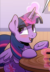 Size: 479x686 | Tagged: safe, artist:braeburned, imported from derpibooru, character:twilight sparkle, character:twilight sparkle (alicorn), species:alicorn, species:pony, comic:comic relief part 2, blushing, cropped, cute, explicit series, levitation, looking away, magic, open mouth, sitting, smiling, solo, suggestive source, telekinesis, twiabetes, underhoof