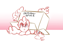 Size: 1421x920 | Tagged: safe, artist:braeburned, imported from derpibooru, character:pinkie pie, species:earth pony, species:pony, box, calvin and hobbes, clone, female, mare, multeity, open mouth, pinkie clone, sketch, too much pink energy is dangerous, transmogrifier