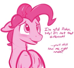 Size: 1001x929 | Tagged: safe, artist:braeburned, imported from derpibooru, character:pinkie pie, species:earth pony, species:pony, adoraberry, bubble berry, cute, dialogue, feels, floppy ears, implied anon, implied gay, male, rule 63, rule63betes, simple background, sketch, smiling, solo, speech bubble, stallion, white background