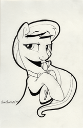 Size: 1650x2550 | Tagged: safe, artist:braeburned, imported from derpibooru, character:octavia melody, species:earth pony, species:pony, bedroom eyes, black and white, flower, grayscale, lidded eyes, looking at you, monochrome, rose, sketch, smiling, traditional art
