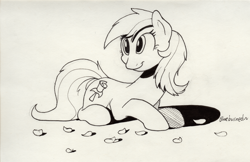 Size: 2550x1650 | Tagged: safe, artist:braeburned, imported from derpibooru, character:roseluck, species:earth pony, species:pony, black and white, flower, grayscale, lying down, monochrome, petals, rose, solo, traditional art