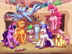 Size: 1000x751 | Tagged: safe, artist:braeburned, imported from derpibooru, character:applejack, character:fluttershy, character:pinkie pie, character:rainbow dash, character:rarity, character:spike, character:twilight sparkle, oc:dusk shine, species:earth pony, species:pegasus, species:pony, species:unicorn, applejack (male), applejack's hat, blushing, book, bubble berry, butterscotch, clothing, cowboy hat, derp, elusive, female to male, floppy ears, freckles, hat, implied penis, magic, male, male six, mane seven, mane six, mirror, open mouth, rainbow blitz, rule 63, stallion, surprised, telekinesis, transformation, unshorn fetlocks, what has magic done, worried