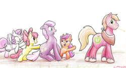 Size: 2450x1335 | Tagged: safe, artist:braeburned, imported from derpibooru, character:apple bloom, character:big mcintosh, character:cheerilee, character:scootaloo, character:sweetie belle, species:earth pony, species:pony, ship:cheerimac, apple bloom the shipper, butt touch, cutie mark crusaders, fake wings, hoof on butt, male, pushing, rump push, scootaloo the shipper, shipper on deck, shipping, stallion, straight, sweetie the shipper, traditional art