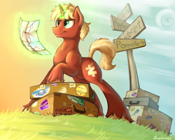 Size: 1600x1277 | Tagged: safe, artist:braeburned, imported from derpibooru, oc, oc only, species:pony, species:unicorn, field, levitation, luggage, luggage stickers, magic, male, map, outdoors, road sign, solo, stallion, suitcase, unshorn fetlocks