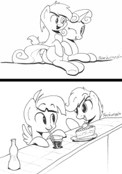 Size: 1300x1844 | Tagged: safe, artist:braeburned, imported from derpibooru, character:featherweight, character:pipsqueak, character:scootaloo, character:sweetie belle, ship:sweetiesqueak, bottle, cake, cuddling, cute, drink, female, food, male, monochrome, punch, scootaweight, shipping, sketch, snuggling, straight, straw, strawberry, traditional art