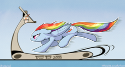 Size: 1000x540 | Tagged: safe, artist:braeburned, imported from derpibooru, character:rainbow dash, species:pegasus, species:pony, action pose, drink, exercise, gotta go fast, running, solo, treadmill