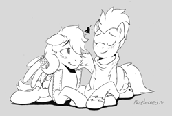 Size: 1280x864 | Tagged: safe, artist:braeburned, imported from derpibooru, character:braeburn, character:soarin', species:pony, ship:soarburn, gay, heart, lineart, male, monochrome, shipping, winghug