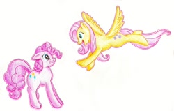 Size: 1000x636 | Tagged: safe, artist:braeburned, imported from derpibooru, character:fluttershy, character:pinkie pie, ship:flutterpie, eye contact, female, flying, grin, happy, lesbian, nervous, open mouth, raised leg, shipping, smiling, spread wings, traditional art, wings