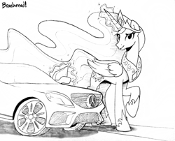 Size: 1280x1034 | Tagged: safe, artist:braeburned, imported from derpibooru, character:princess celestia, species:pony, bedroom eyes, car, grayscale, looking at you, magic, mercedes-benz, monochrome, raised hoof, solo, supercar, telekinesis