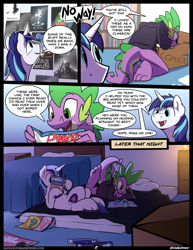 Size: 1082x1400 | Tagged: safe, artist:braeburned, imported from derpibooru, character:shining armor, character:spike, species:pony, comic:comic relief, ship:spikemor, bloodborne, clothing, comic, crossover, explicit series, explicit source, fallout, fallout 3, hoodie, older, older spike, portal, portal (valve), reading, saddle up 2: creature comforts, skyrim, star wars, the elder scrolls