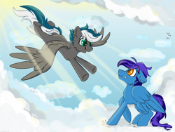 Size: 14000x10500 | Tagged: safe, artist:inkynotebook, oc, oc only, oc:gtx, oc:thunder breeze, species:pegasus, species:pony, g4, cute, flying, hug incoming, sky, surprised
