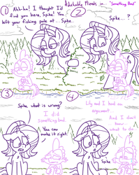 Size: 4779x6013 | Tagged: safe, artist:adorkabletwilightandfriends, character:lily, character:spike, character:starlight glimmer, adorkable friends, comic:adorkable twilight and friends, g4, adorkable, argument, bush, cloud, comic, crying, cute, dating, dilemma, dork, forest, friendship, lake, love, nature, outdoors, overcast, reflection, relationship, relationships, sad, semi-grimdark series, sitting, suggestive series, unsettled, upset, water