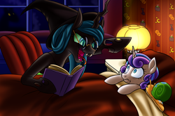 Size: 1800x1200 | Tagged: safe, artist:redahfuhrerking, character:princess flurry heart, character:queen chrysalis, species:alicorn, species:changeling, species:pony, g4, alternate hairstyle, auntie chrissy, bed, bedroom, blanket, book, cat, chair, changeling queen, clothing, fangs, female, glasses, halloween, hat, holiday, jack-o-lantern, lamp, mare, nightmare night, older, older flurry heart, open mouth, pillow, pumpkin, raised hoof, reading, scared, silhouette, snail, tongue out, whammy, witch hat